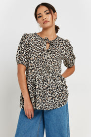 Black Leopard Print Tie Front Smock Top