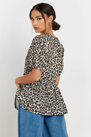 Black Leopard Print Tie Front Smock Top