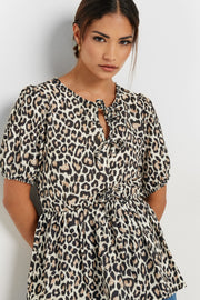 Black Leopard Print Tie Front Smock Top